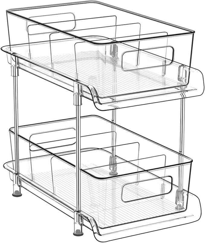 HIHEGD 2 Tier Bathroom Storage With Dividers, Clear Under Sink Pull Out Organizer for Kitchen Pantry, Medicine Cabinet