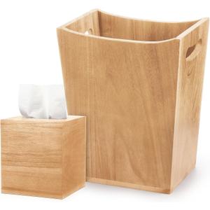 Reallnaive 2 Pcs Trash Can Wastebaskets and Tissue Box Set Rectangular Trash Basket Garbage Can for Bathroom, Living Room, Office, Kitchen(Wood Color,Brown)