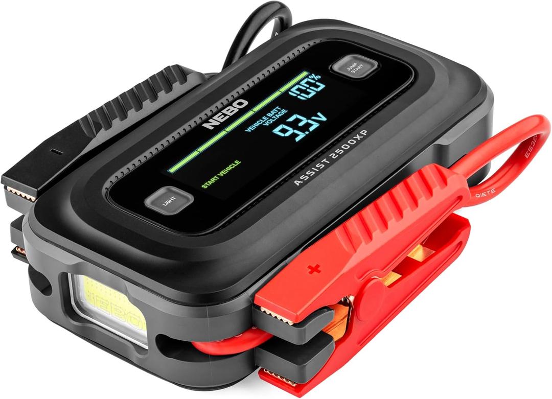 NEBO Assist 2500XP+ Jump Starter | 3-in-1 2500 Amps Jump Starter, Charger, Illuminated Floodlight, USB Compatible, Automotive, Emergency, Spark-Proof Safety
