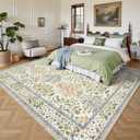 6x9 Area Rugs, Washable Floral Area Rugs for Living Room, Indoor Area Rug for Bedroom, Dining Room, Low Pile Non-Slip Non Shedding Rug(Beige Floral)