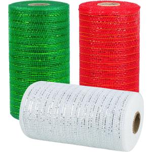 3 Rolls Mesh Ribbon for Wreaths, 6 Inch x 30 Feet Each Roll Red Green White Poly Deco Mesh Rolls, Christmas Ribbon for Wreaths, Swags and Christmas Tree Decoration