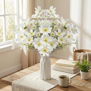 Thiccywoov 12 Pcs Spring White Cosmos Artificial Flower 23.6'' Realistic Touch Silk Fake Cosmos Wildflower Calliopsis Flower Arrangements Faux Bouquets Decor for Wedding Bridal Shower Table Home Party