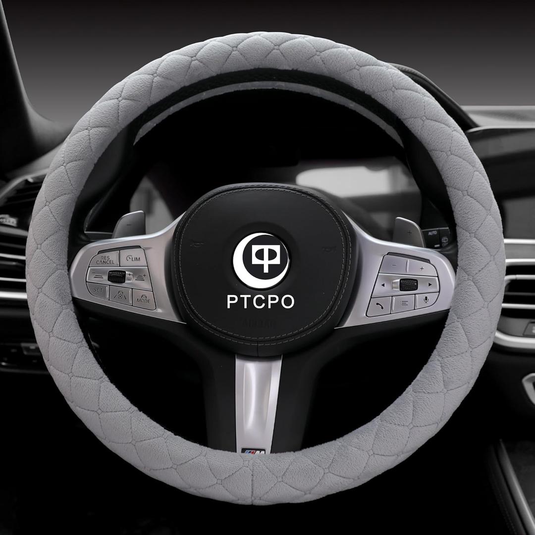 PTCPO Soft Car Steering Wheel Cover for Sedan, SUV, Warm Luxury Velvet, Odorless, Universal, Anti Slip, Summer Winter, Gray, Standard Size[14" 1/ 2-15"](37-38cm)