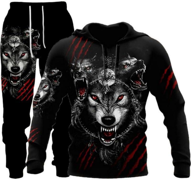 prigridche Wolf & Lion 3D Printed Hoodie Pants Suit Male Autumn Winter Casual Sweashirt Pullover Tracksuit Set (XX-Large, Black16)