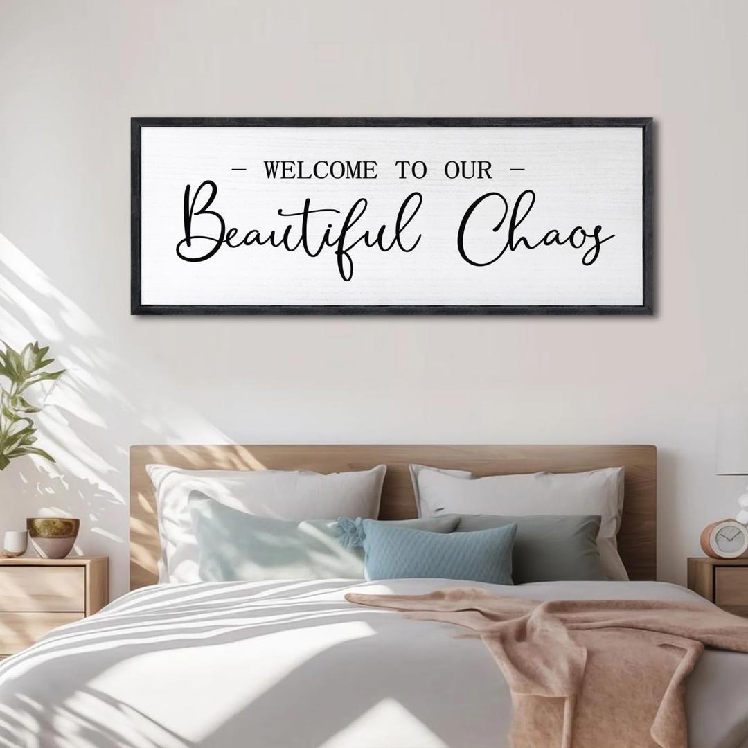 Welcome To Our Beautiful Chaos Sign: Framed Wood Wall Decor 32x12 Inch, Rustic Farmhouse Hanging Art for Living Room, Entryway, Bedroom