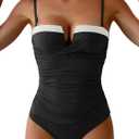 Aidonger Women's Push Up Wrap Swimsuit Tummy Control One Piece Bathing Suits Bandeau Color Block Slimming Swimwear (Medium, Black White)