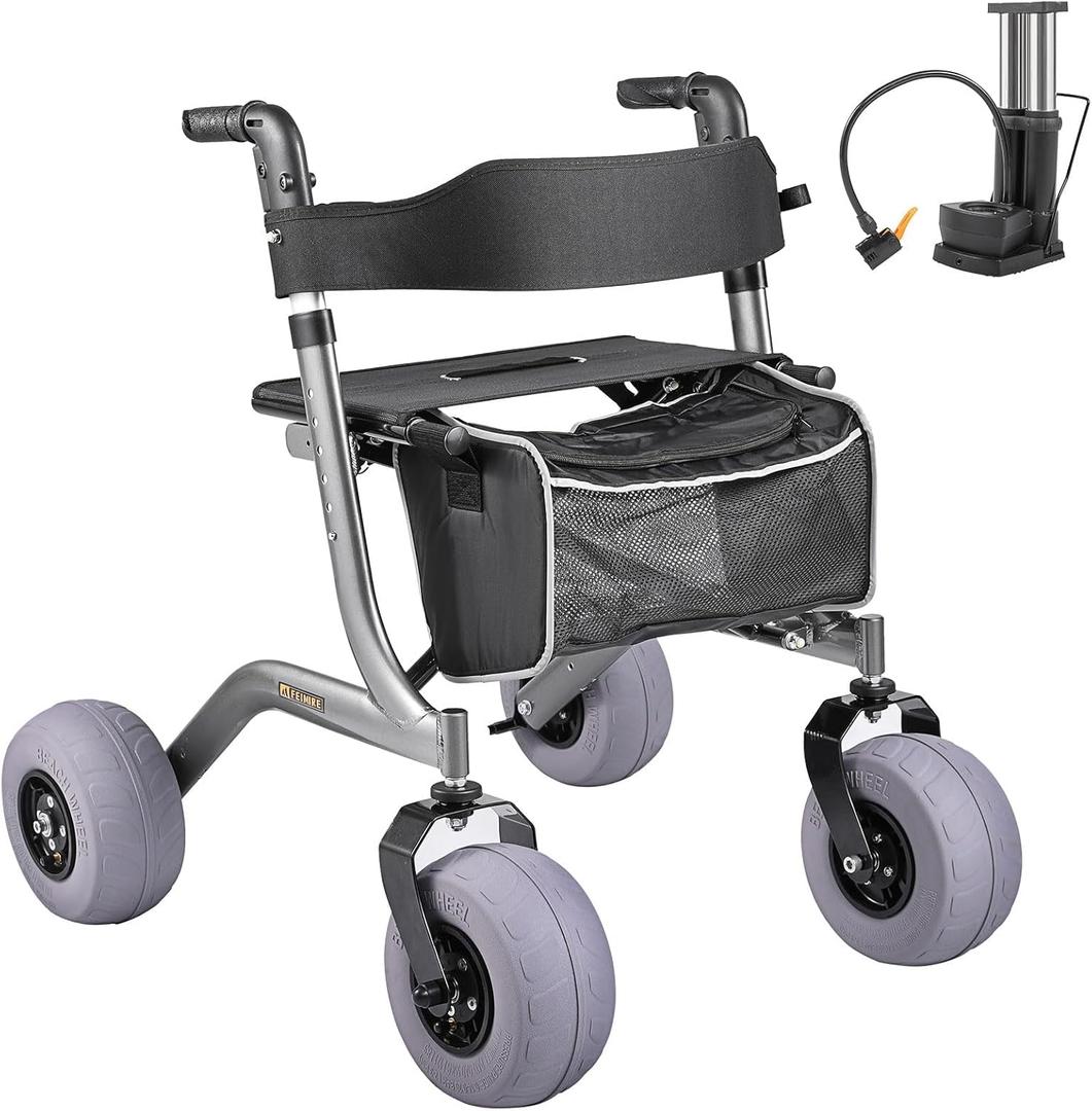 Foldable Rolling Beach Walker with Lightweight Aluminum Frame & Ergonomic Handles for Outdoor, Mobility Aid for Elderly