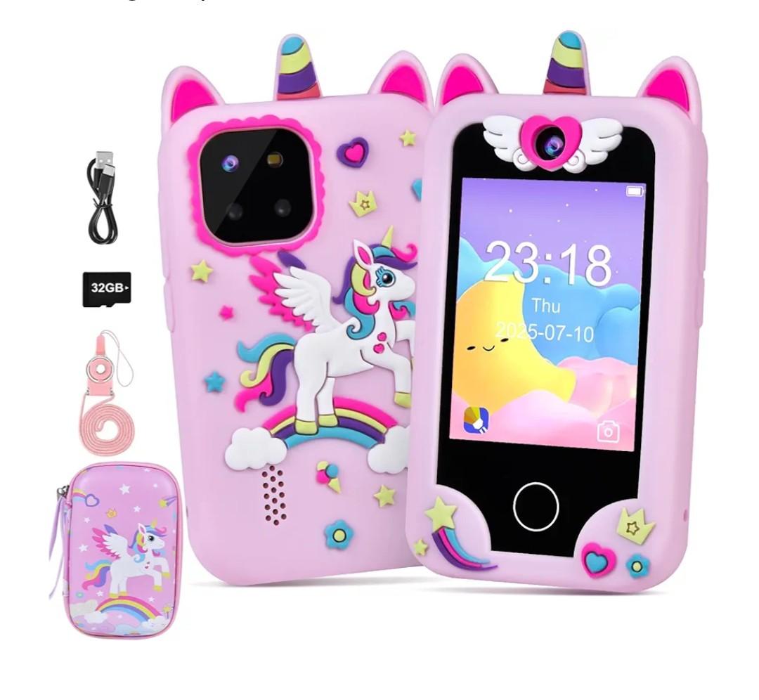 Elecoutek Kids Smart Phone, Toddler Unicorn Phone Toys for 3 10 Year Old Kids, Mobile Phone Toy with Dual Cameras, 2.8 Inch Touchscreen, Learning, Music Player, Games, 32 GB Card and Bag (Purple)