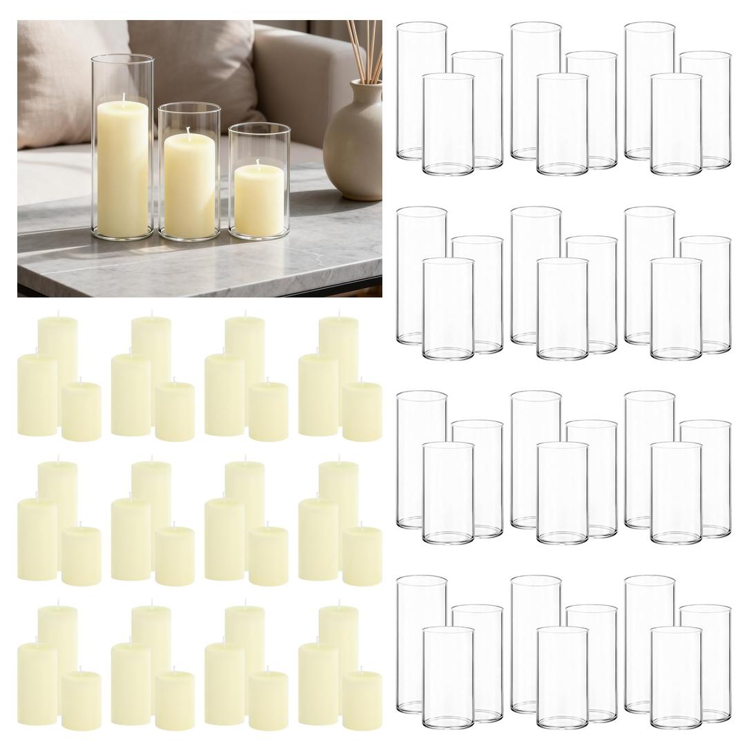 Veiuwa 36-Pack Ivory Pillar Candles (2''X3,4,6) & 36-Pack Glass Cylinder Vases(2.6''X5,6,8),Hurricane Candles,Wedding Centerpiece Decor Set-Mixed Heights for Table, Proposal, Event.