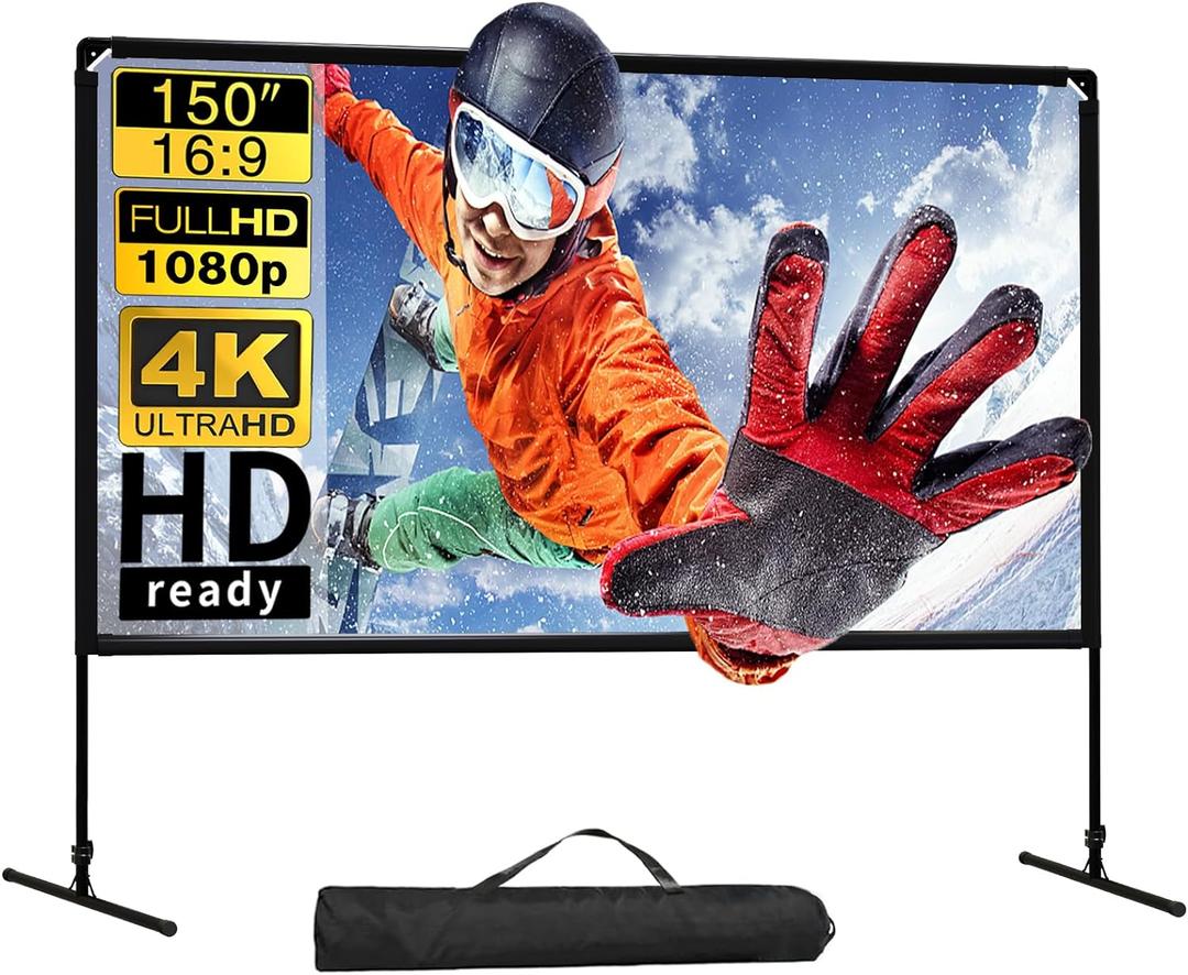 GT GETCO TECH Projector Screen with Stand, 150 Inch Indoor Outdoor Projector Screen,4K HD Portable Projector Screen, Rear Front Movie Screen with Carry Bag for Home Theater, Party, Classroom