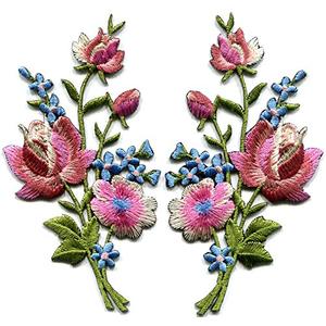 Mauve Pink Roses Pair Flowers Floral Bouquet Boho Embroidered Appliques Iron-ons Patches