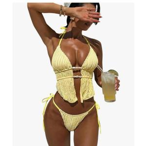 RoseSeek Women's 2 Piece Boho Polka Dots Beaded Bikini Sets Halter Swimsuits Textured Tie Side Bathing Suit, XL
