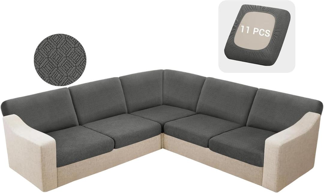 HDCAXKJ Waterproof Sectional Couch Cushion Covers 11 Pieces Stretch Jacquard L Shaped Corner Sofa Slipcover Back Cover Soft Sofa Seat Cushion Covers for Dogs Pet (5 Seater and 6 Backrest, Dark Gray)