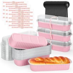 selizo 60 Pack 6.8oz Mini Loaf Baking Cake Pans with Lids, Rectangle Disposable Aluminum Foil Loaf Baking Pans, Small Baking Cake Tins Cup Cake Containers for Thanksgiving Christmas Individual Cakes (Pink)