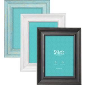 LaVie Home 5x7 Picture Frames (3 Pack, Assorted Colors) Rustic Wood Grain Photo Frame Set with High Definition Glass for Wall Mount & Table Top Display (White&Black&Teal)