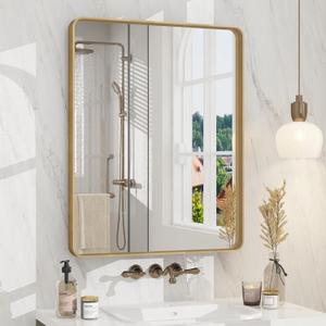 24x30 Gold Bathroom Mirror, Rounded Rectangle Gold Frame Mirror, Brushed Gold Brass Bathroom Vanity Mirror Wall-Mounted, Anti-Rust, Hangs Horizontally or Vertically