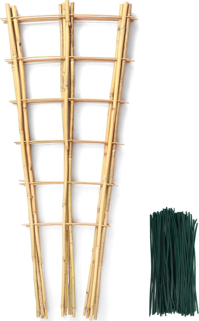 SWANGSA 6 Pack 3Ft Bamboo Trellis for Climbing Plants,35.5 Inch Fan-Shaped Bamboo Plant Trellis with 100pcs Twist Ties for Outdoor and Indoor Potted Plants Garden Stakes
