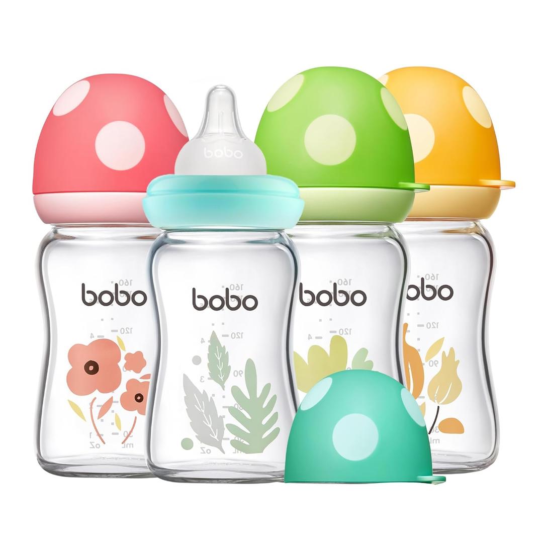 YOHKOH Natural Glass Baby Bottle with Level 1 Slow Flow Nipple, Newborn Anti-Colic Baby Bottles, Wide Neck Mushroom Baby Glass Bottle (Multicolour1, (5.4oz (Pack of 4)