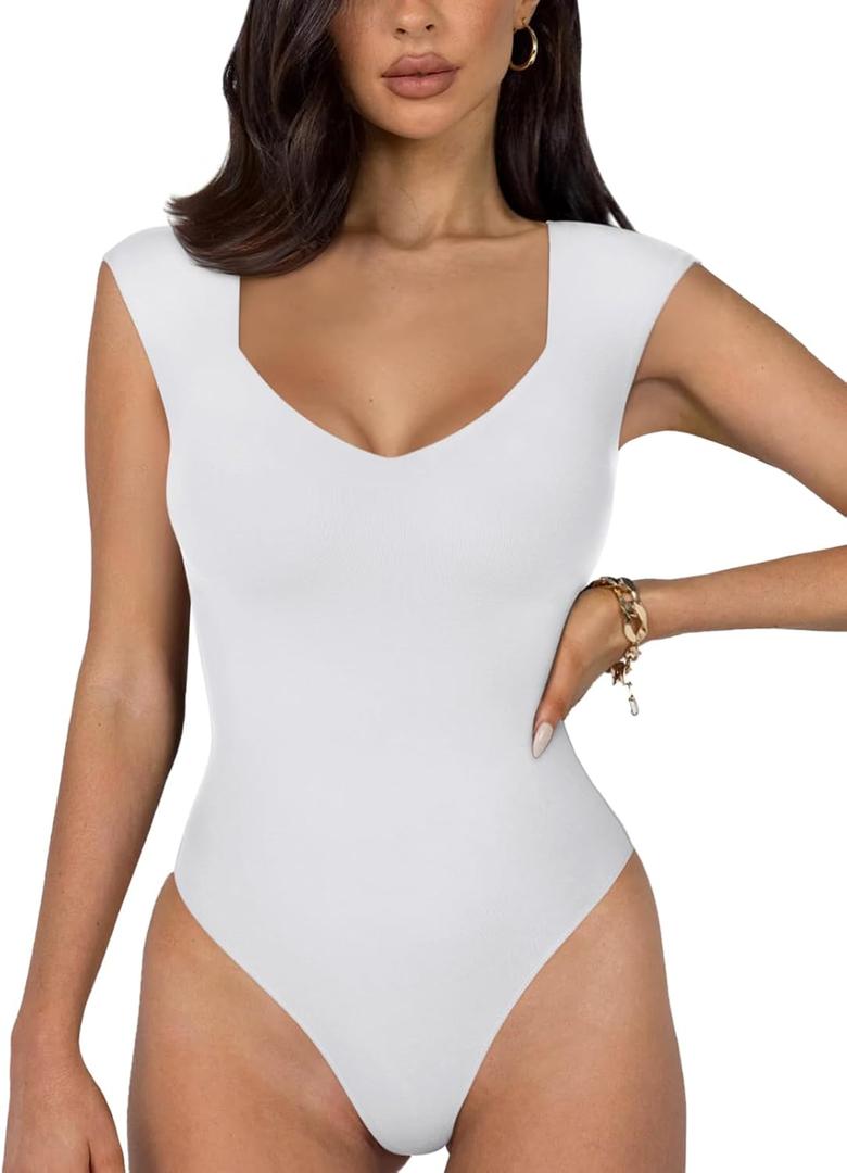 REORIA Butsmooth Women's Trendy Sexy Casual V Neck Double Lined Sleeveless Slimming Going Out Tank Top Bodysuits (White)