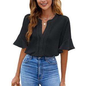 BMJL Womens White Blouses Chiffon Ruffle Short Sleeve V Neck Business Casual Tops Summer Cute Shirt, Size M