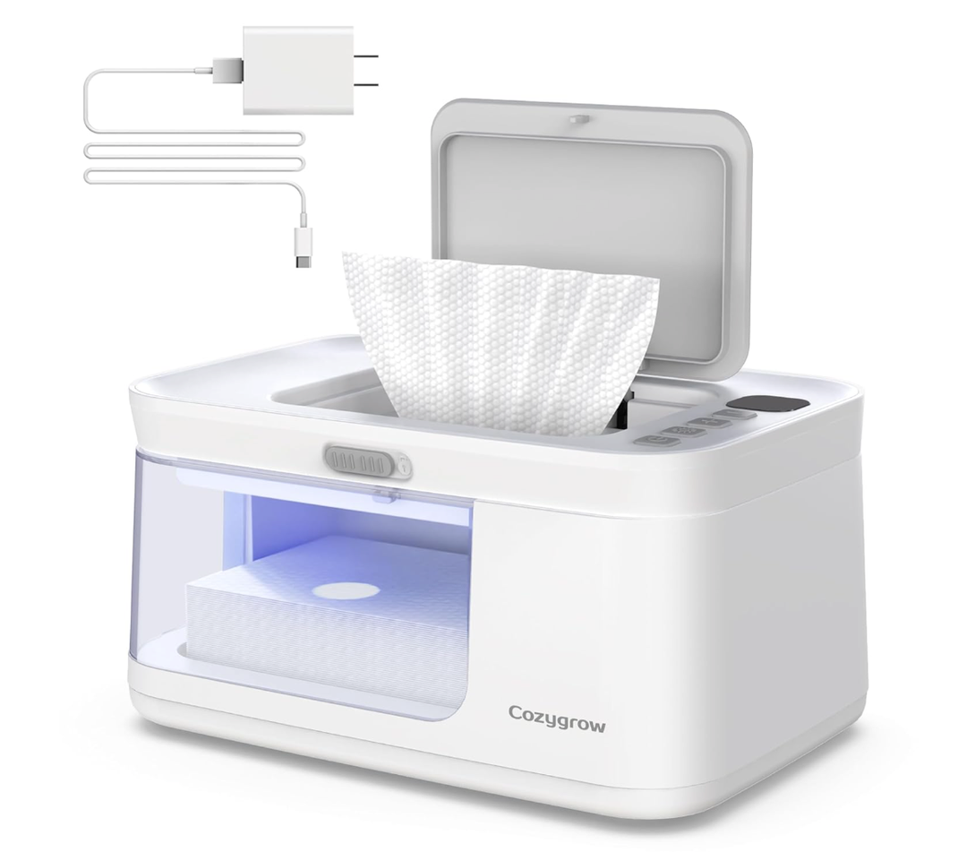 Baby Wipe Warmer Baby Wet Wipes Dispenser, Cozygrow Diaper Wipe Warmer with LED Light & Transparent Viewing Window, Adjustable 95℉131℉, 1.5 Meter Plug Cord