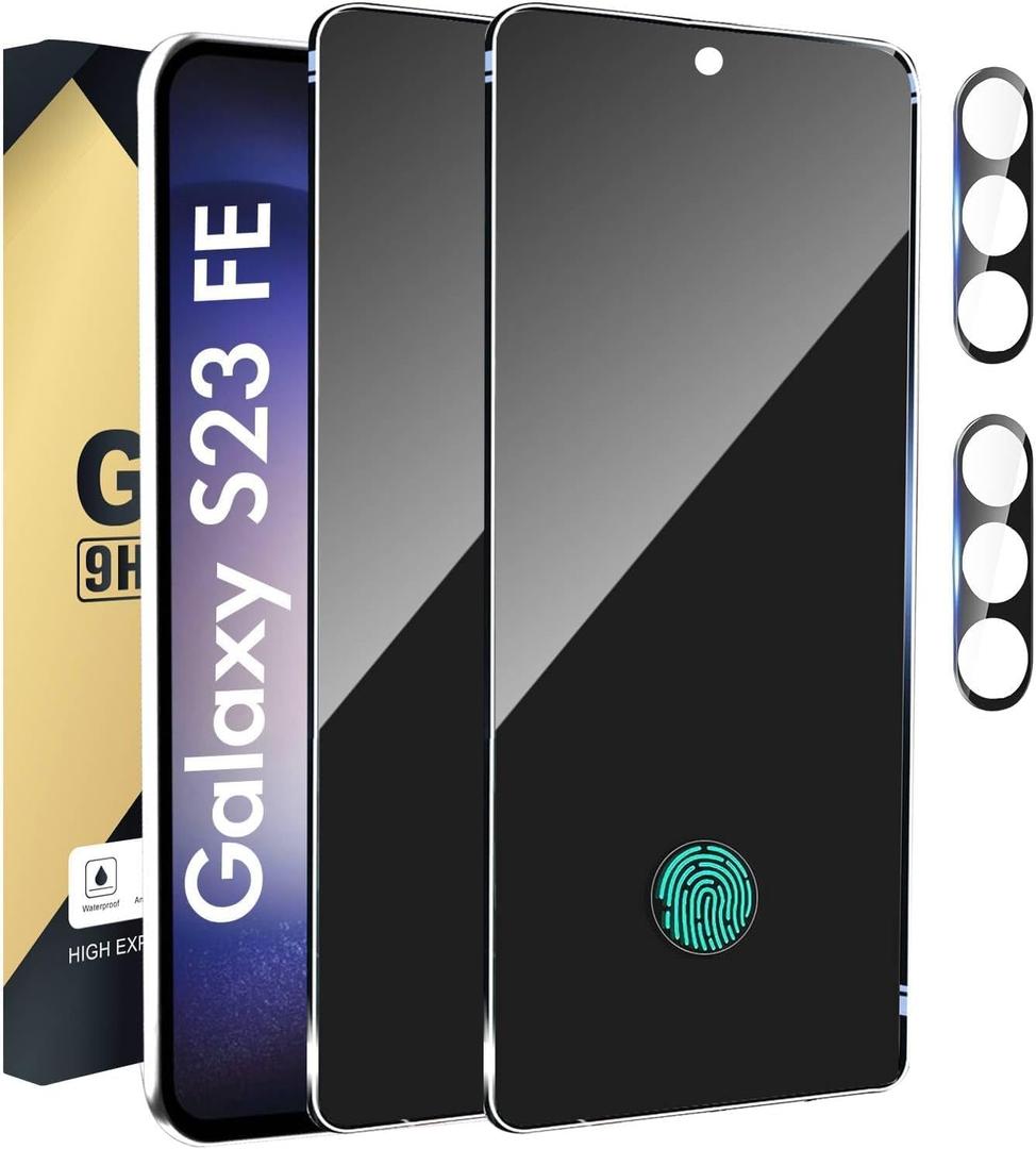 2+2 Pack Privacy Screen Protector Compatible with Galaxy S23 FE 5G - 2 Tempered Glass Film + 2 Camera Lens Protectors, High Clarity Bubble Free, Anti-Spy Protection