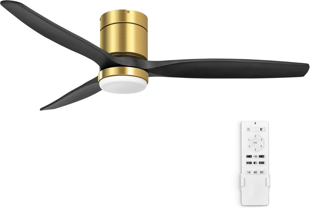 YITAHOME 52 Inch Low Profile Ceiling Fan with Light, 3 Wood Fan Blade, Flush Mount Fan with Remote Dimmable Reversible Quiet DC Motor, Memory Function, for Bedroom, Living Room, Indoor, Black Gold