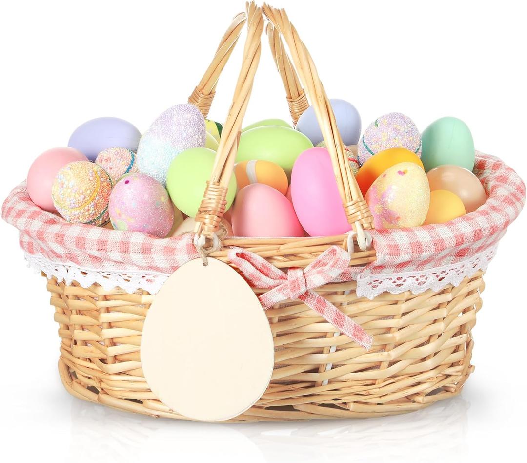 Leinuosen Easter Basket Wicker Picnic Basket with Wooden Egg Cutout Woven Candy Storage Gift Wine Baskets with Handle for Easter Egg Gathering Outdoor Camping Wedding Birthday Party Supplies(Pink)
