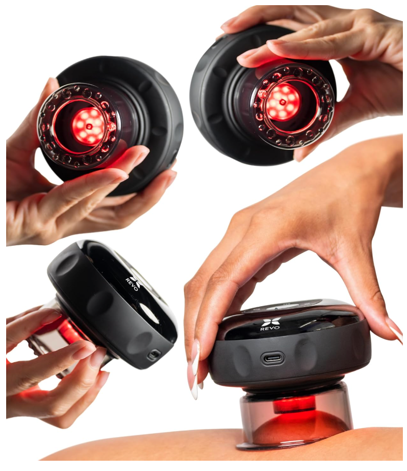 REVO The Original 4-in-1 Smart Cupping Therapy Massager, Red Light Therapy for Targeted Pain Relief, Knots, Aches, Muscle Soreness, Circulation & Tighter Skin, Portable Cupping Kit (Four Pack)