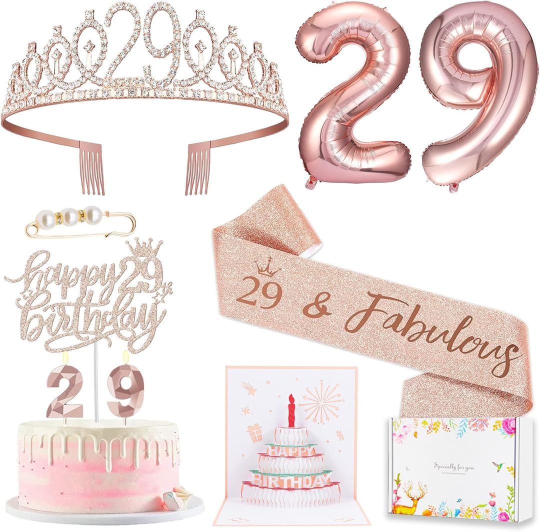 29th Birthday Decorations for Her Women, Including 29 year old Birthday Cake Topper, Birthday Queen Sash with Pearl Pin, Sweet Rhinestone Tiara Crown, Number Candles and Balloons Set, Rose Gold