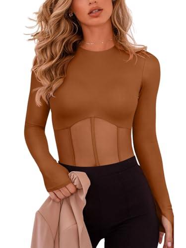 REORIA Women's Fall Thong Body Suits Outfits Trendy Sexy Crew Neck Thumbholes Long Sleeve Sheer Mesh Slim Fit Going Out Bodysuit Tops for Night Out Brown Medium