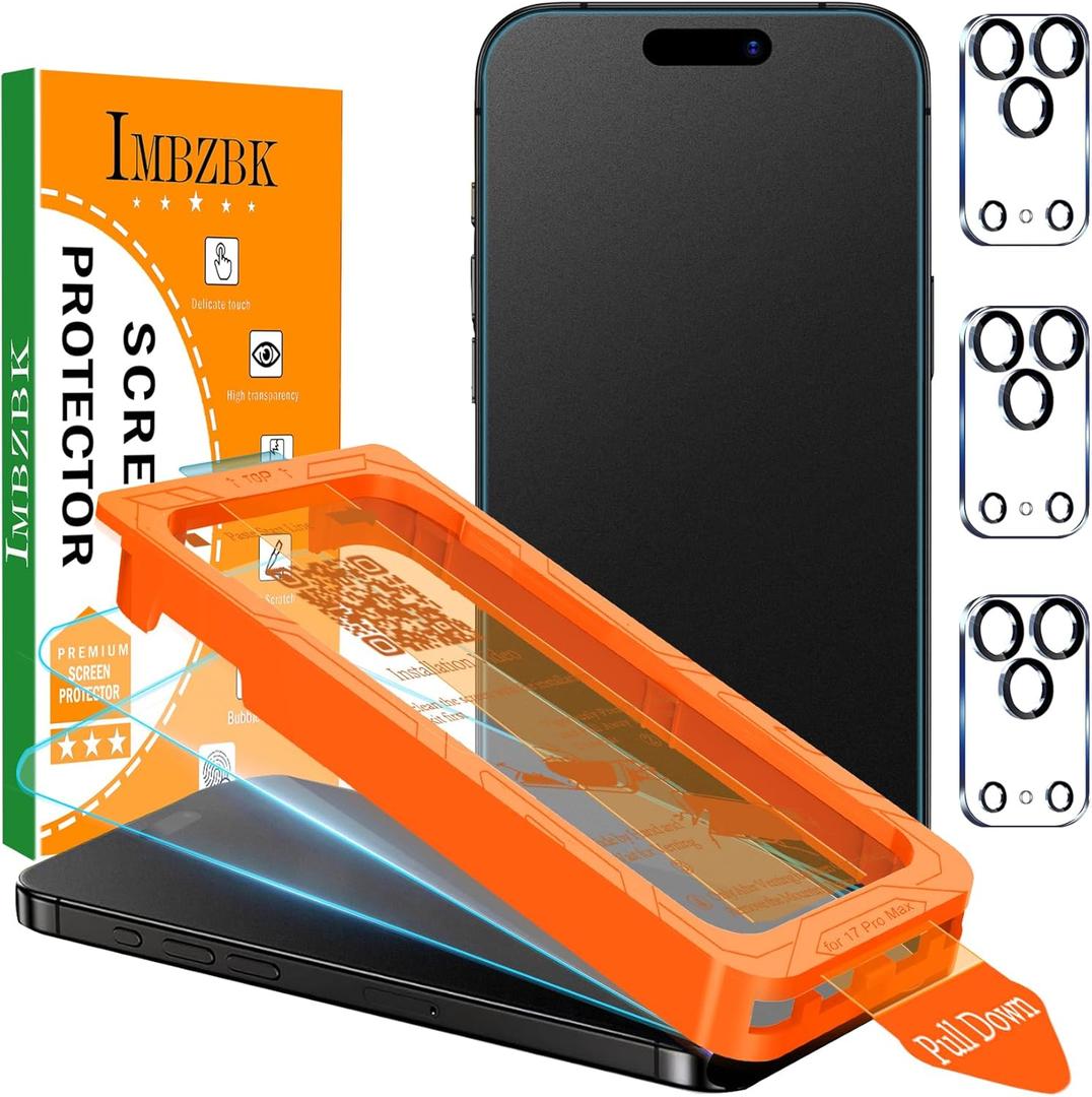 IMBZBK [Auto-Dust Removal] 3 Pack Matte Screen Protector for iPhone 17 Pro Max [Military Grade] Accessories, Case Friendly Film, 3 Tempered Glass Camera Lens Protector, Anti-Glare, Smooth as Silk