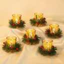 Hewory Christmas Tealight Candle Holder: Set of 6 Decorative Gold Tea Lights Candleholder with Xmas Wreath, Christmas Decoration Votive Candle Holders for Dinner Table Centerpieces Living Room Holiday