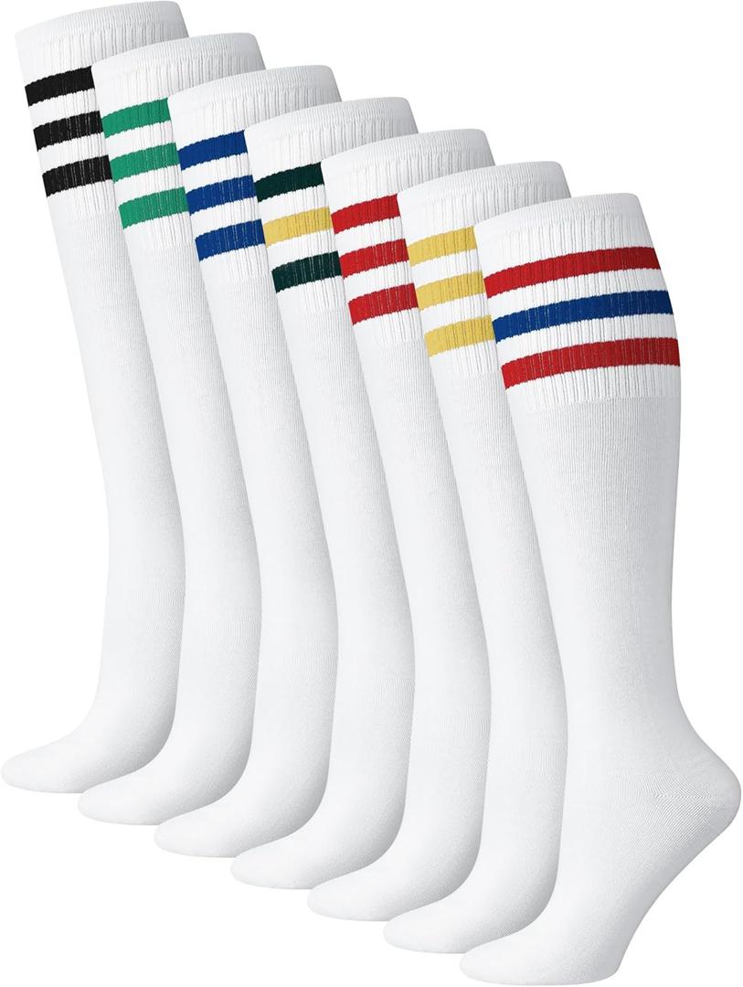 7 Pairs Retro Striped Tube Socks White over the Calf Tube Hoses Men Knee High Striped Athletic Socks for Men, Size 10-13, Multicolor