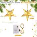 Zhanmai 10 Pcs Large 3D Gold Paper Star Lantern with 10 LED Lights 11.8 Inch 5 Point Hollow Hanging Paper Star Lampshade Decoration Light Lanterns for Wedding Birthday New Year Party Home Decor
