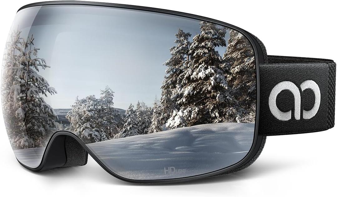 Lamicall Ski Goggles with 3X Anti-Fog - 100% UV Protection Spherical Lens, OTG for Skiing, Snowboard, Snowmobile, Men, Women (Black Frame - Silver Lens)