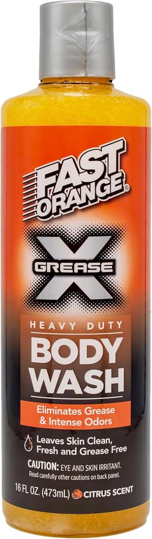 Fast Orange 25716 Grease X Body Wash, Exfoliating & Hydrating Heavy Duty Shower Gel for Men and Women, Mechanic & Industrial Body Soap Removes Grime, Oil, Automotive Odors & More, Citrus Scent 16 Oz.
