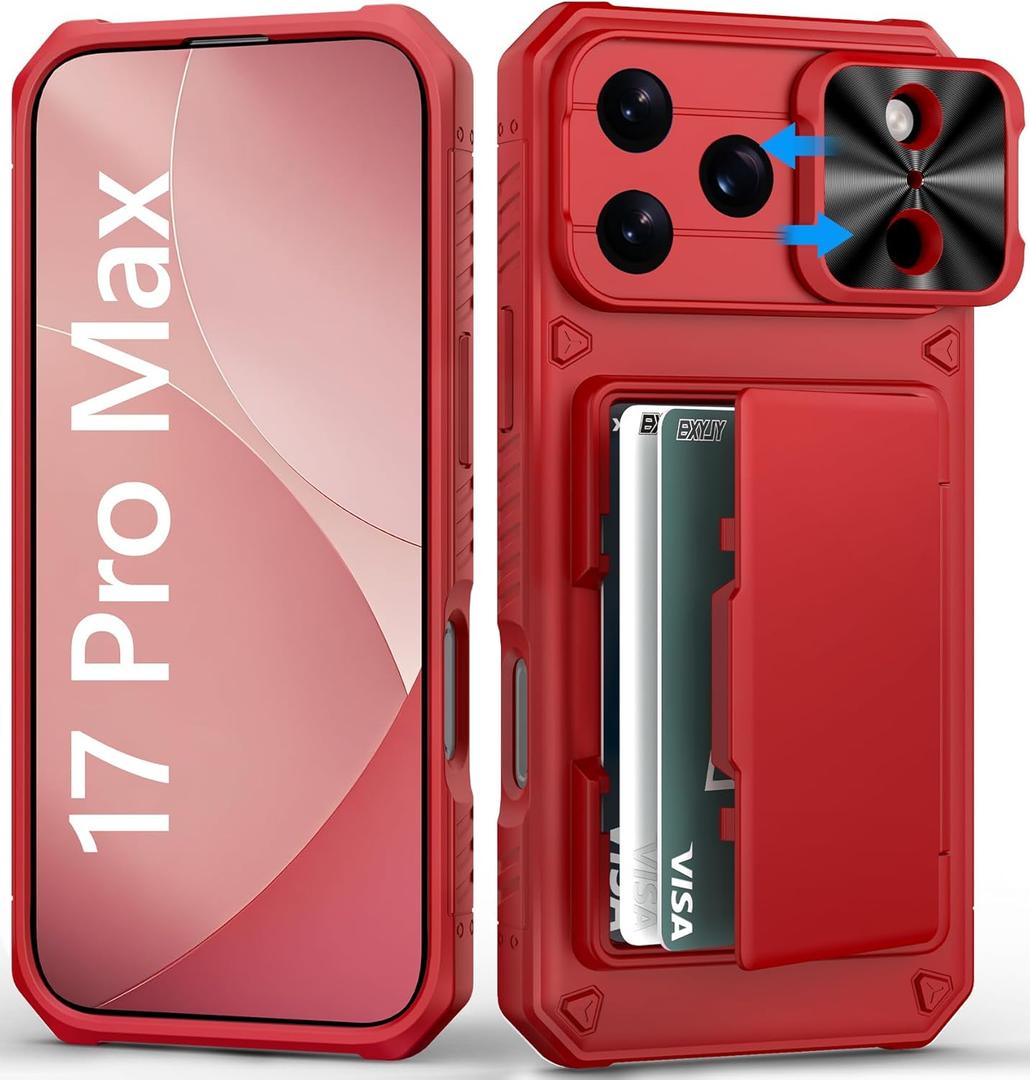BXYJY Wallet Case for iPhone 17 Pro Max, Card Holder (4-5 Cards), Slide Camera Cover, Daily Drop Protection, Heavy Duty Women Girly Men Protective Phone Cover for iPhone 17 Pro Max 6.9" 2025, Red