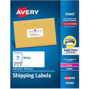 Avery Printable Shipping Labels, Sure Feed Technology, 2" x 4" Customizable Stickers, White, 2,500 Blank Mailing Labels, Great for Mailing, Shipping, and More (95945)