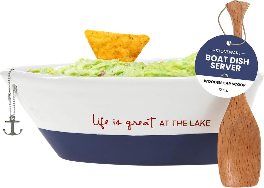 WP - At the Lake - 7" Boat Serving Dish with Oar, Blue, 12 oz