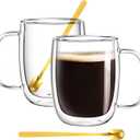 Large 16oz Double Walled Glass Coffee Mugs with Handle and Spoon, Clear Insulated Coffee Cups for Cappuccino, Tea, Latte, Espresso, Hot Beverages, Cold Drinks, Heat Resistant, Borosilicate, Set of 2