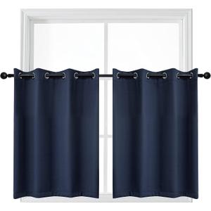 YGO Navy Blue Blackout Curtain Tiers Light Block Energy Saving Drapes Set Blinds Grommet Top Window Valances for Kitchen 52 inch W x 24 inch L 2 Pieces