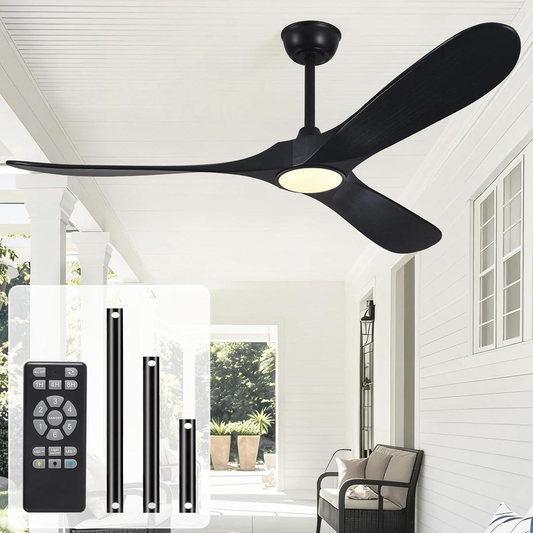 72" Ceiling Fan with Light and Remote, 6-Speed Dimmable Outdoor Ceiling Fan, High CFM Quiet 3 Blade Wood Ceiling Fan, Modern Propeller Ceiling Fan for Outdoor Indoor Living Patio Porch (Black)