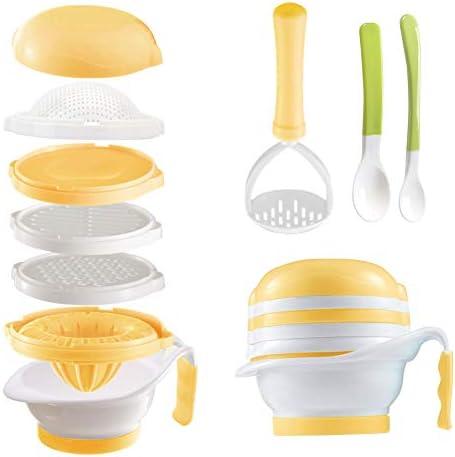 Matyz Versatile Baby Food Maker Set - Toddler Food Mills with Mash Bowl, Hand Masher, Citrus Juicer, Grater - Making Homemade Baby Food - Fruits and Vegetables Masher - No BPA (Yellow)