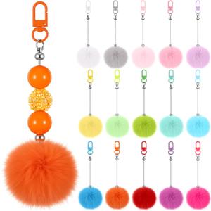 Retisee 30 Packs Beadable Keychain Bars with Pompom Ball DIY Blank Beaded Keychain Fluffy Key Chains Detachable for Bead DIY Craft Gift Jewelry Making