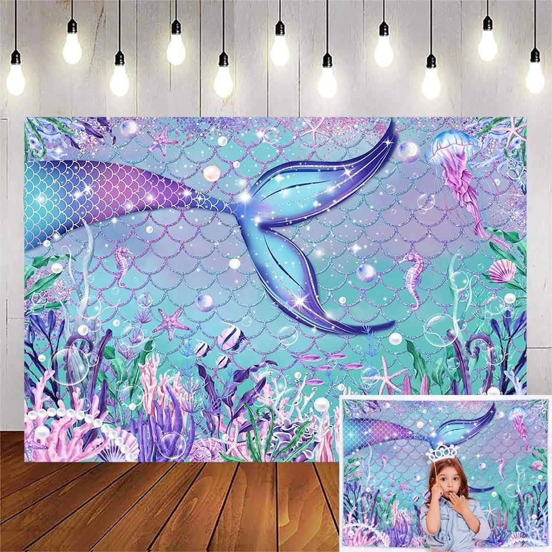 Avezano Mermaid Backdrop for Girls Birthday Under The Sea Little Mermaid Party Banner Decorations Purple Corals Pearls Glitter Scales Underwater Photography Background Supplies (Purple, 7x5ft)