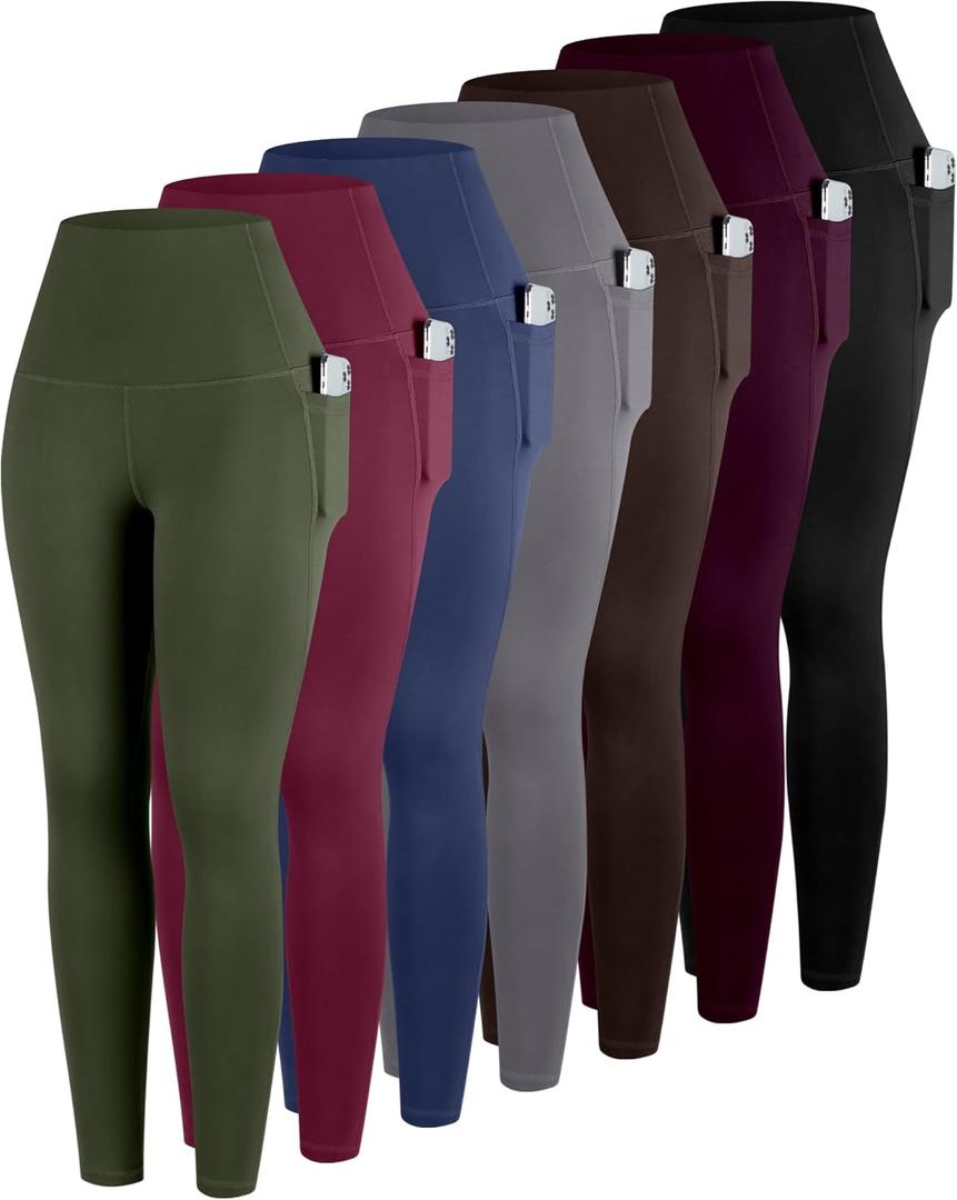 ATHVOTAR Leggings with Pockets for Women, 7 Packs High Waisted Workout Tummy Control Yoga Pants Black/ Gray/ Navy/ Burgundy/ Army Green/ Dark Brown/ Cassis M