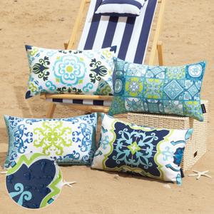 Phantoscope Set of 4 Outdoor Waterproof Throw Decorative Pillow Cover Geometric Boho Farmhouse Outdoor Pillows Cushion Case for Patio Furniture Tent, Blue and Yellow 12x20 Inches