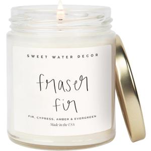 Sweet Water Decor Fraser Fir Candle - Evergreen, Cedar, Winter Holiday Scented Soy Christmas Candles for Home - 9oz Clear Jar, 40 Hour Burn Time, Made in The USA (Script Label)