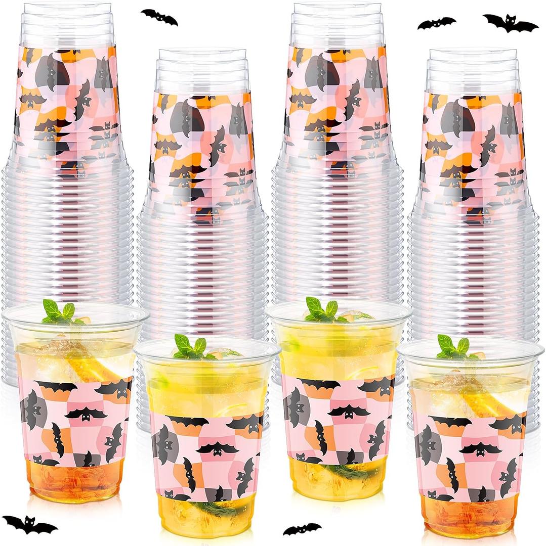 100 Pcs Gothic Christmas Plastic Cups Bulk 16 oz Disposable Pink Bat Spooky Party Christmas Cups for Creepy Nightmare Party Supplies Cold Drinks